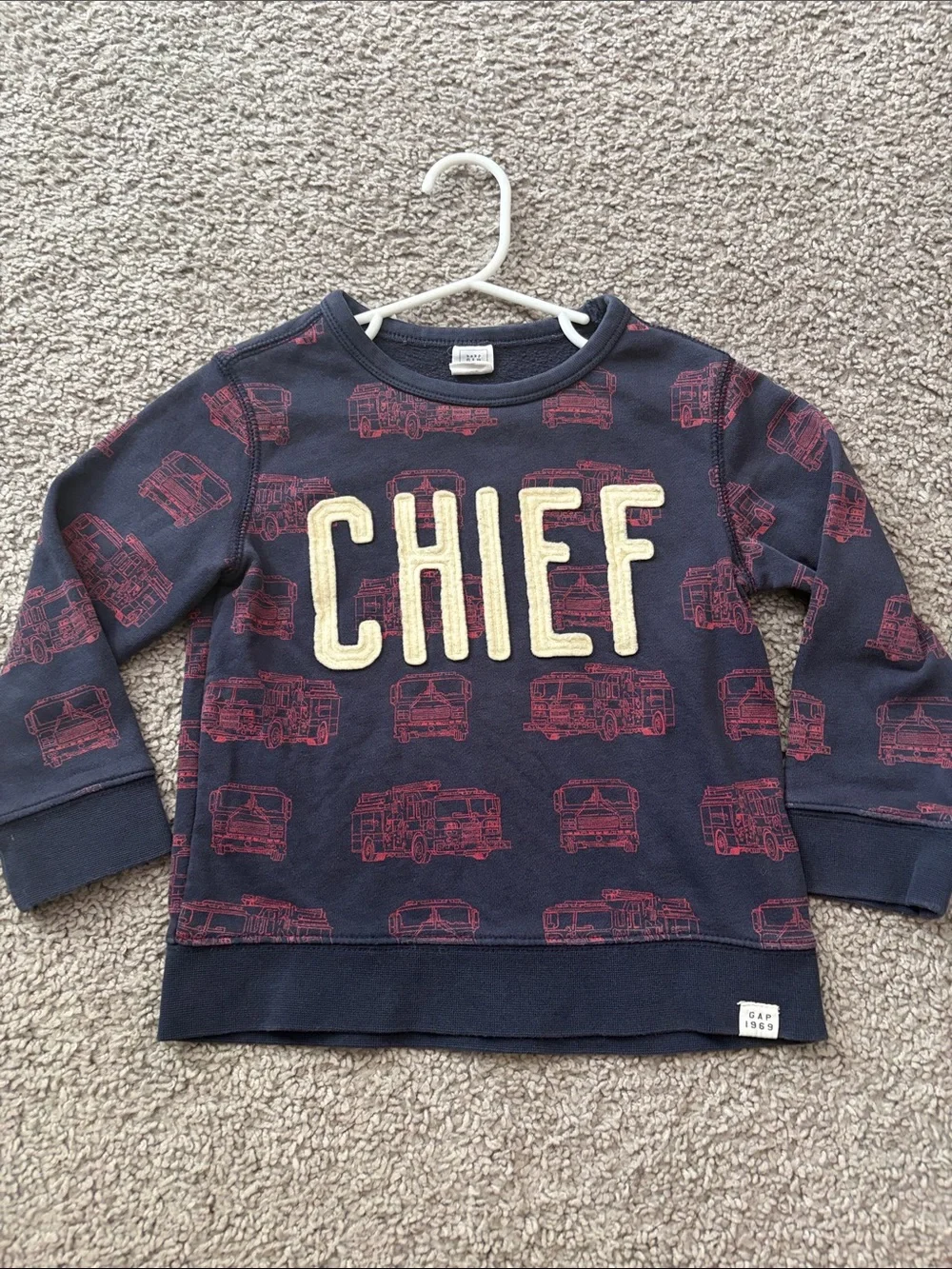 GAP Kids Navy Sweatshirt with Red Firetruck Print and Cream 'CHIEF' Patch